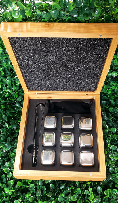 Stainless Steel Whiskey Stone Set in Bamboo Case (ENGRAVABLE)
